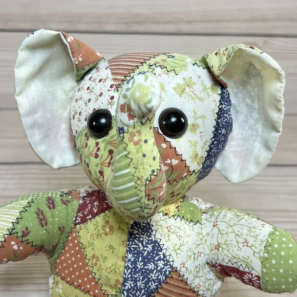 VTG 80s Faux Patchwork Quilt Bunny & Elephant 12” Stuffed Animal Plush Set of 2 - Picture 7 of 16
